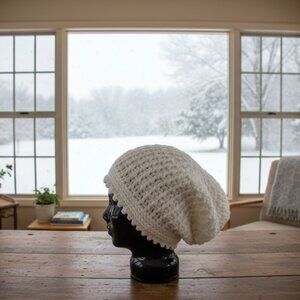 Handmade White Crochet Slouchy Beanie Worsted Weight Winter Hat Soft Acrylic